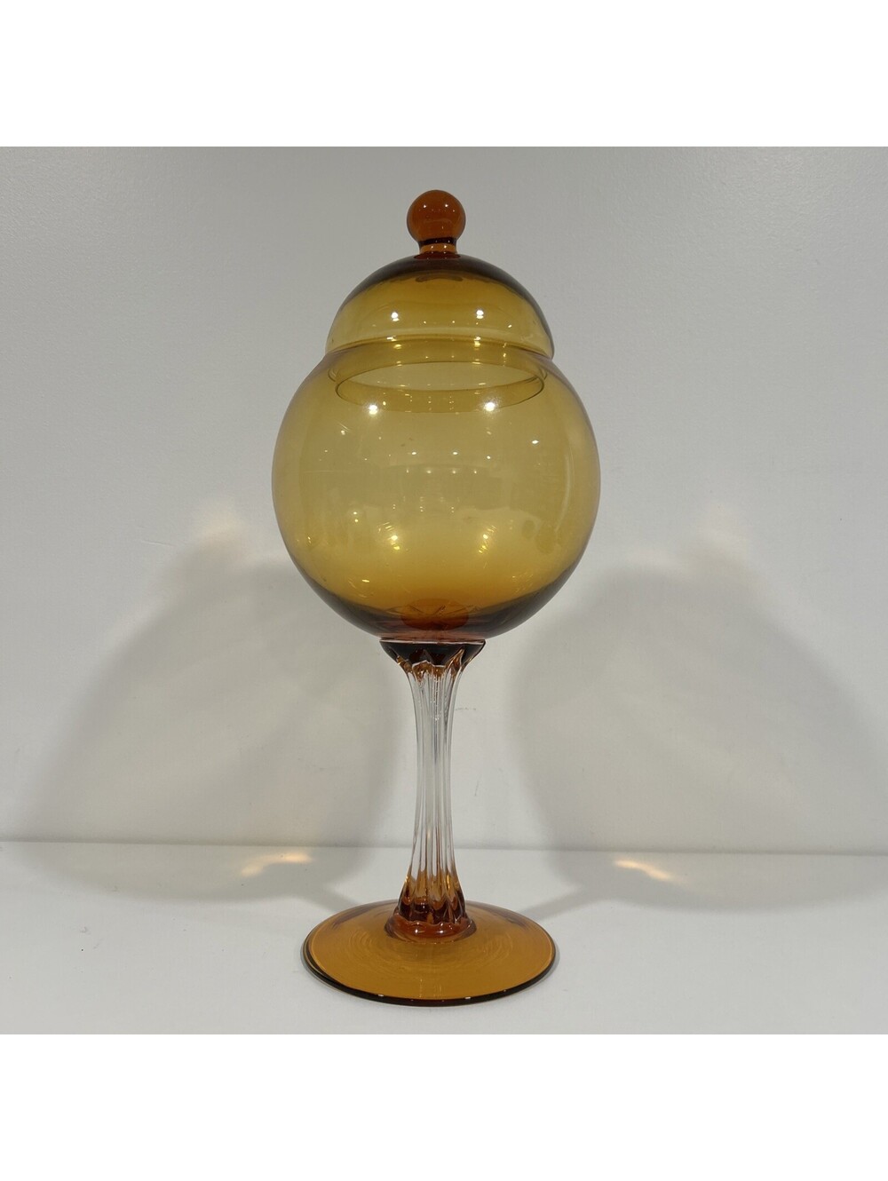 Vintage Amber Empoli Krosno Art Glass Decanter Covered Candy Jar 20”